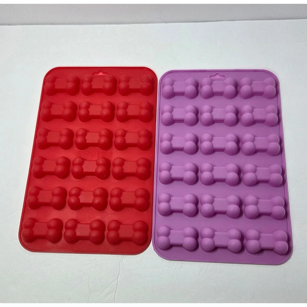 4pc Silicone Pet Treat Molds Paw Print and Bone Shapes Red Purple Pink